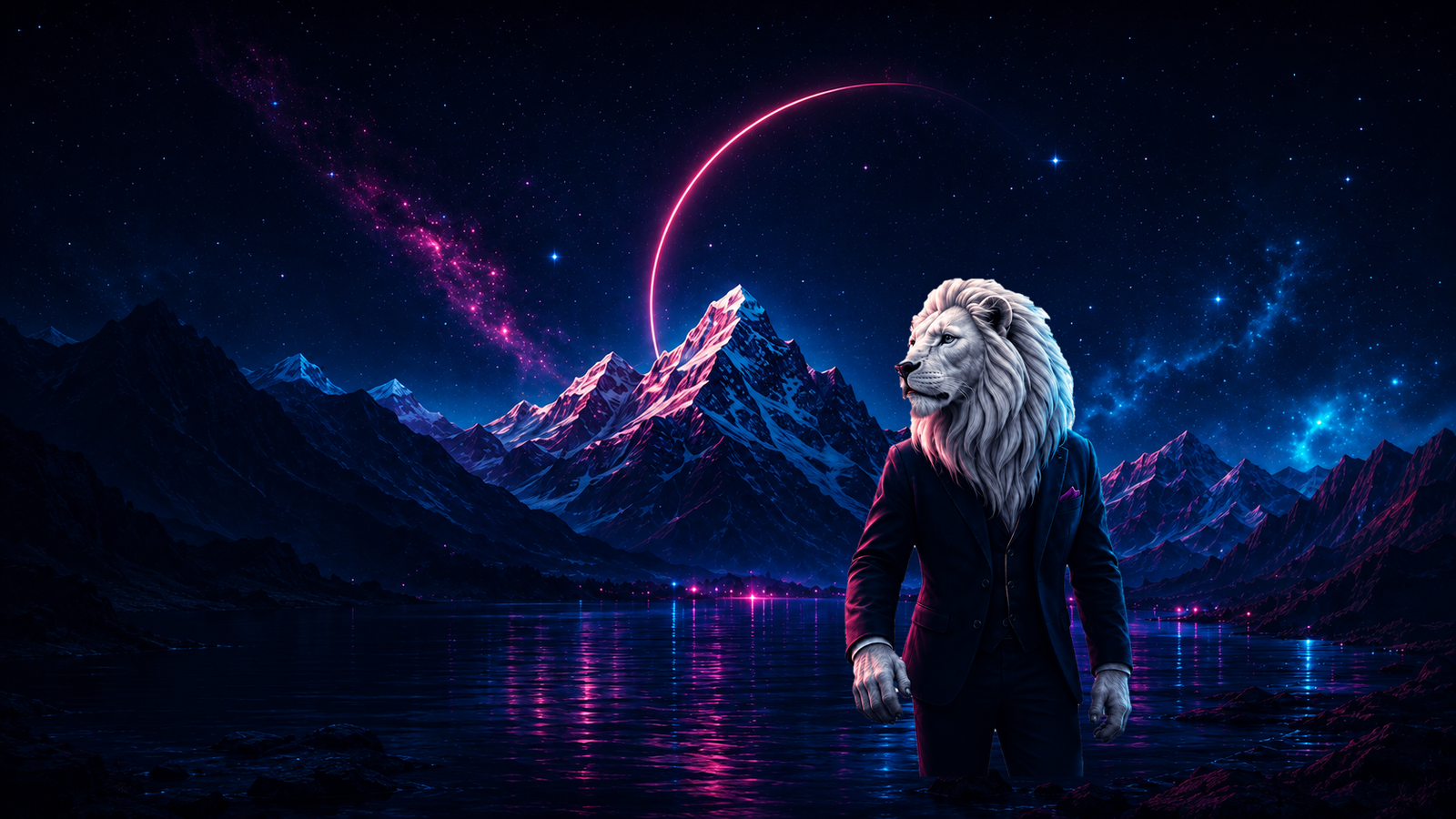 León blanco futurista con traje oscuro, representación de Lumina Signature, en un ambiente nocturno con montañas y luces fucsia y azules